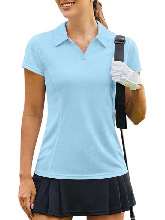 Tops - Womens Sky Blue Golf Shirt Short Sleeve Quick Dry V-Neck Tennis Tops Fit